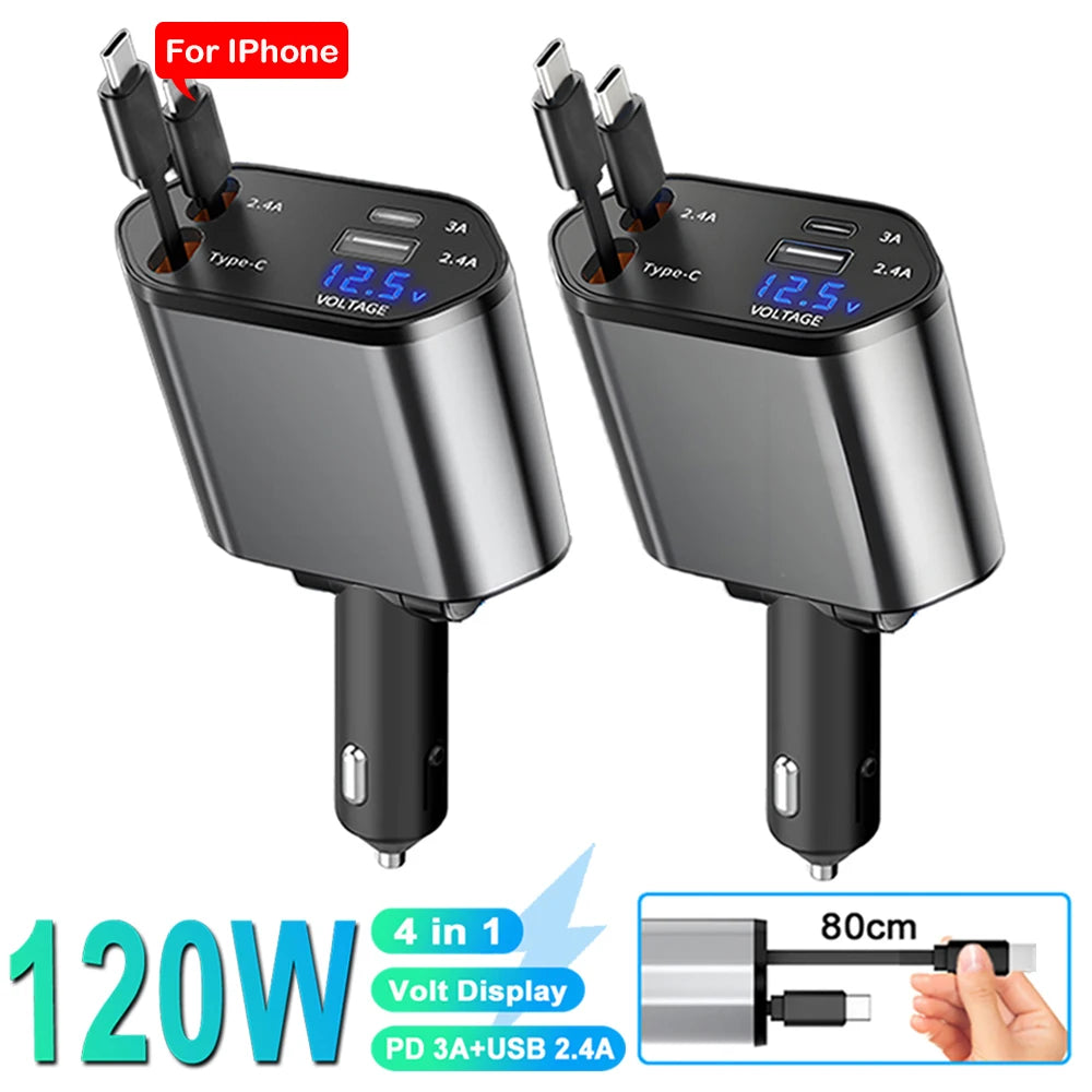4-in-1 Retractable Fast Car Charger with Voltage Display