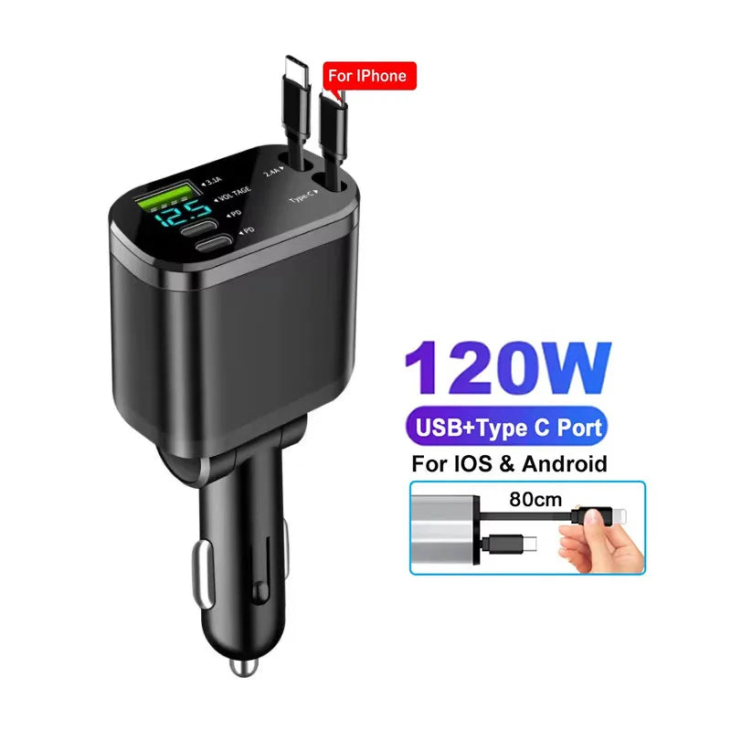 4-in-1 Retractable Fast Car Charger with Voltage Display