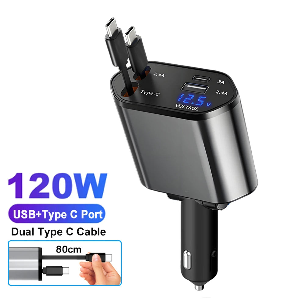 4-in-1 Retractable Fast Car Charger with Voltage Display