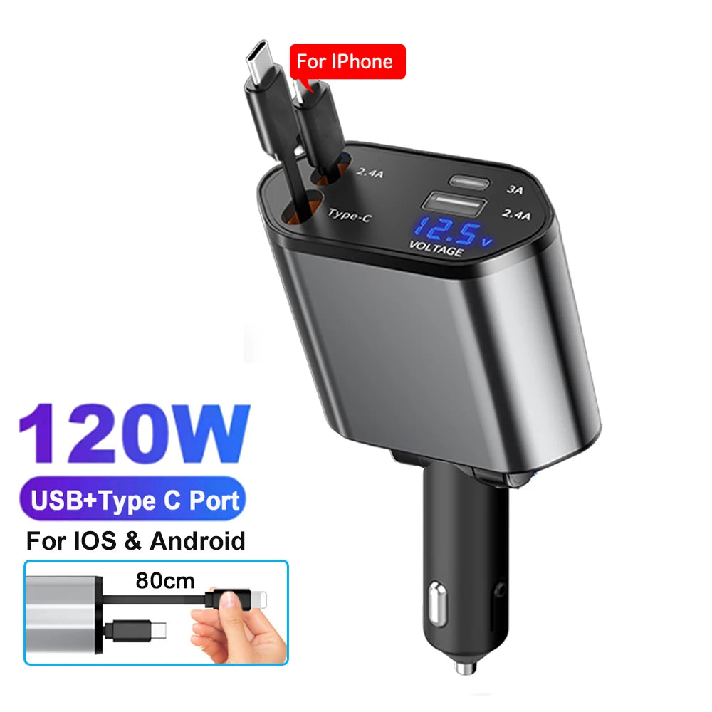 4-in-1 Retractable Fast Car Charger with Voltage Display