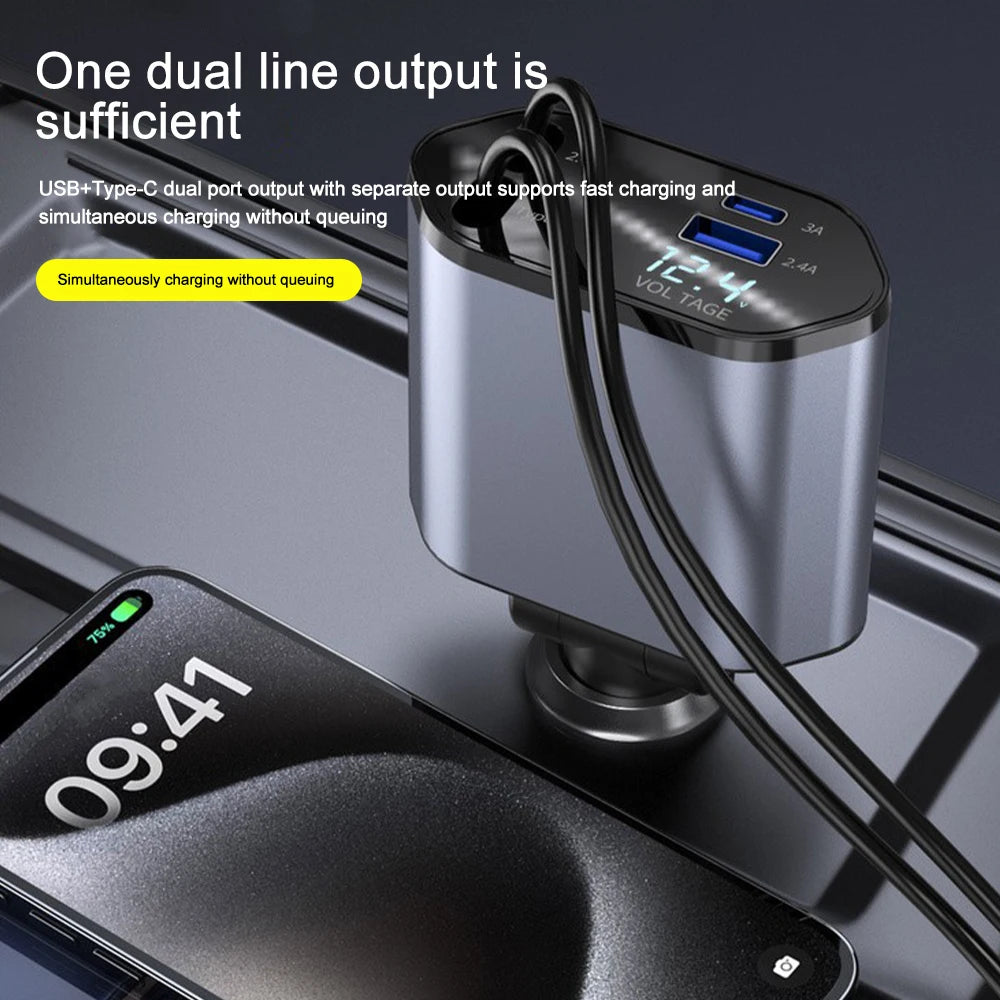4-in-1 Retractable Fast Car Charger with Voltage Display