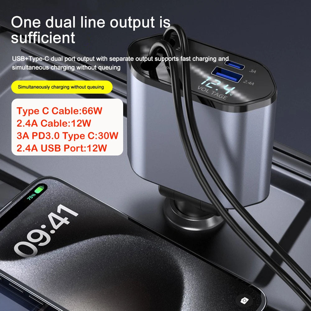 4-in-1 Retractable Fast Car Charger with Voltage Display