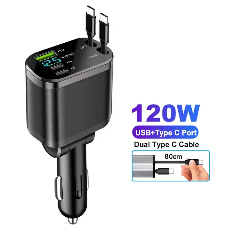 4-in-1 Retractable Fast Car Charger with Voltage Display