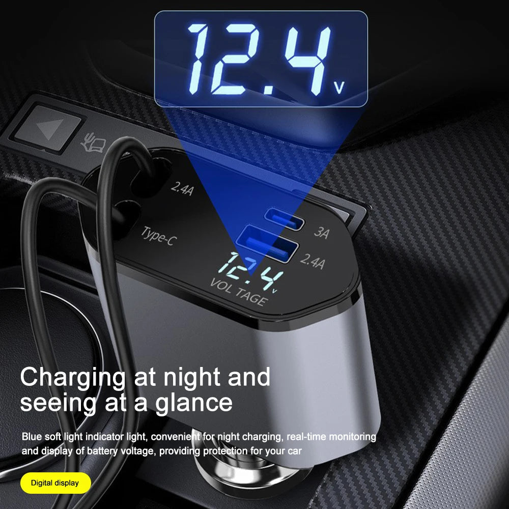 4-in-1 Retractable Fast Car Charger with Voltage Display