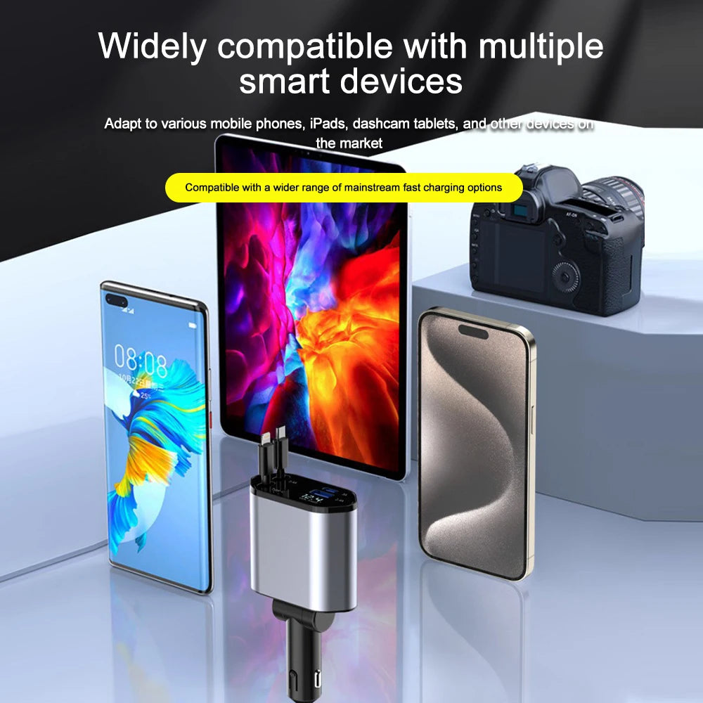 4-in-1 Retractable Fast Car Charger with Voltage Display