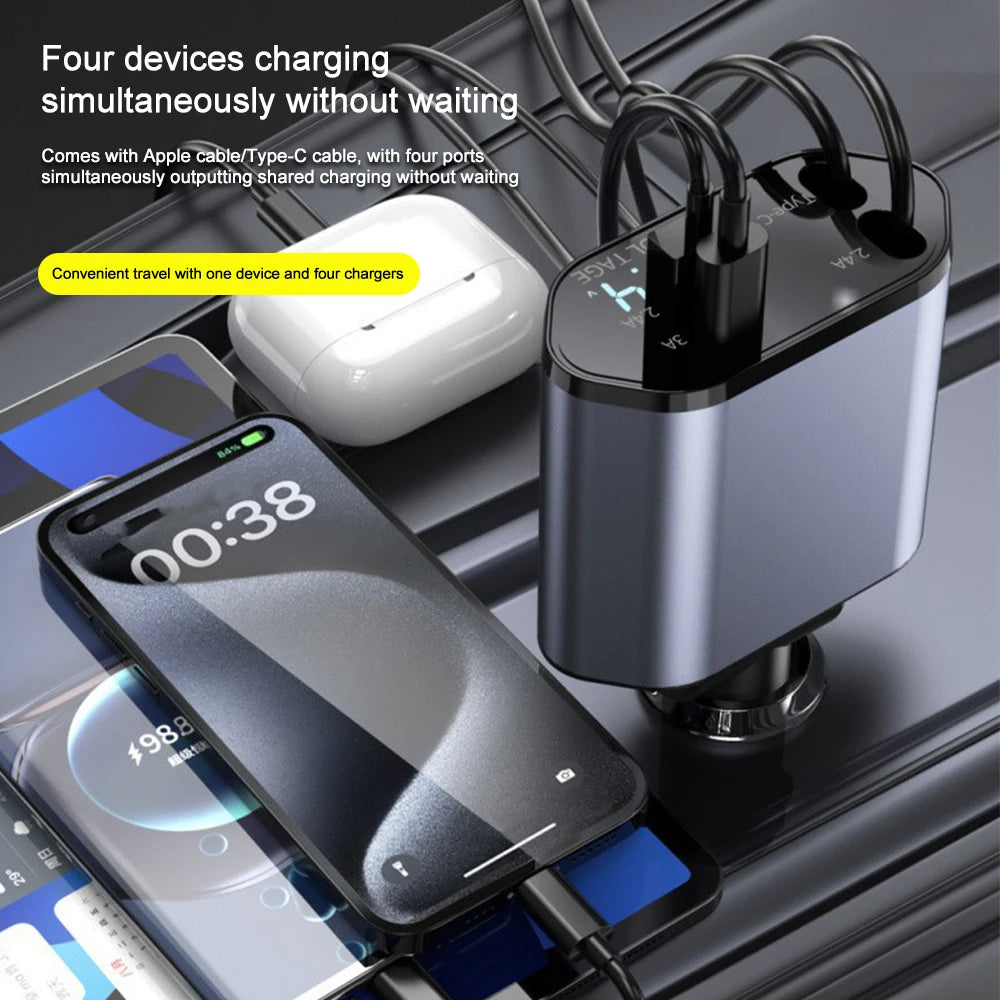 4-in-1 Retractable Fast Car Charger with Voltage Display