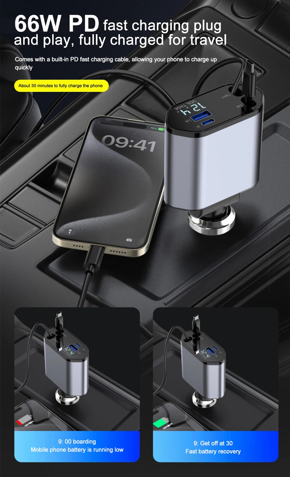 4-in-1 Retractable Fast Car Charger with Voltage Display