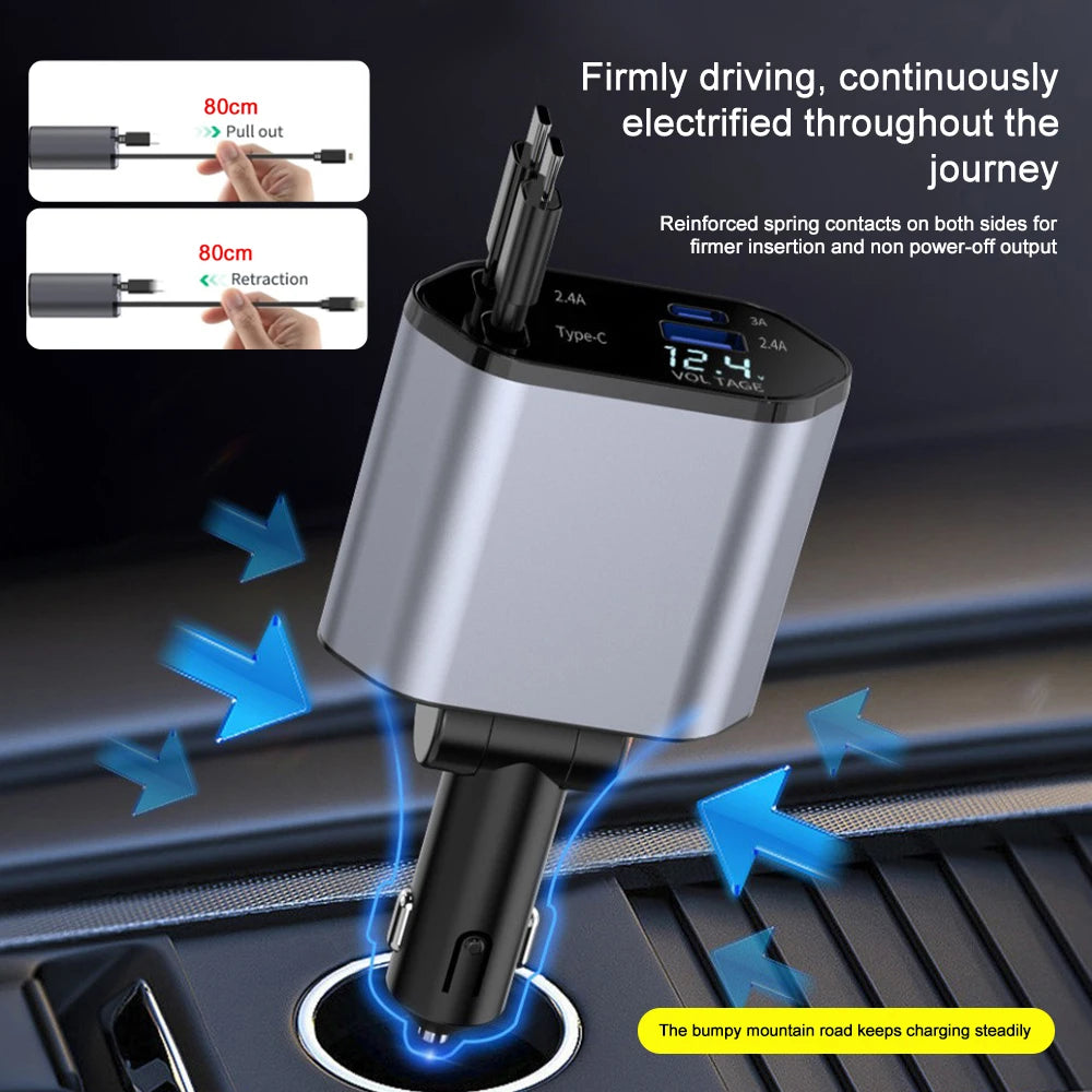 4-in-1 Retractable Fast Car Charger with Voltage Display